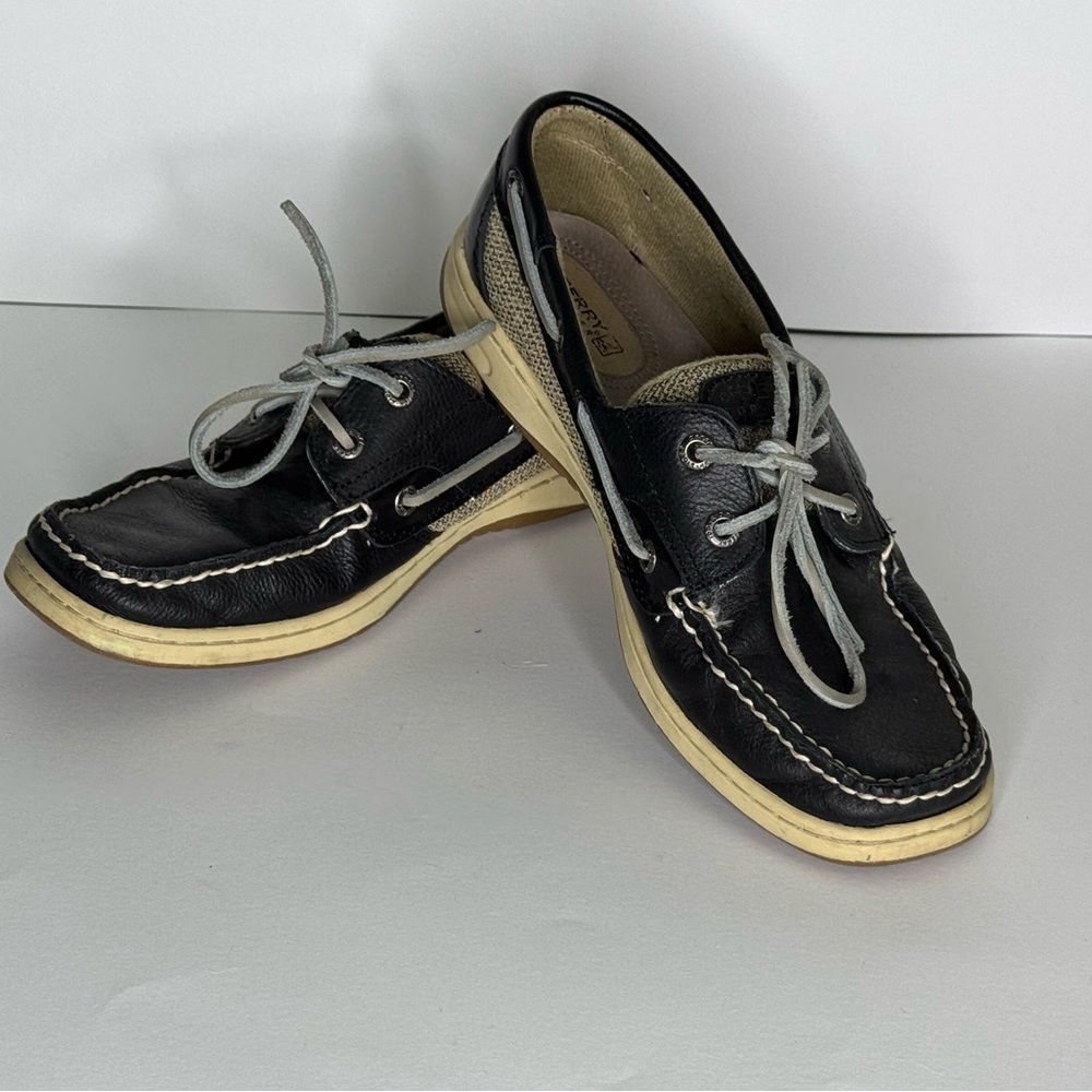 Sperry Top Side Black Leather and Cream Flats. Women’s size 9M